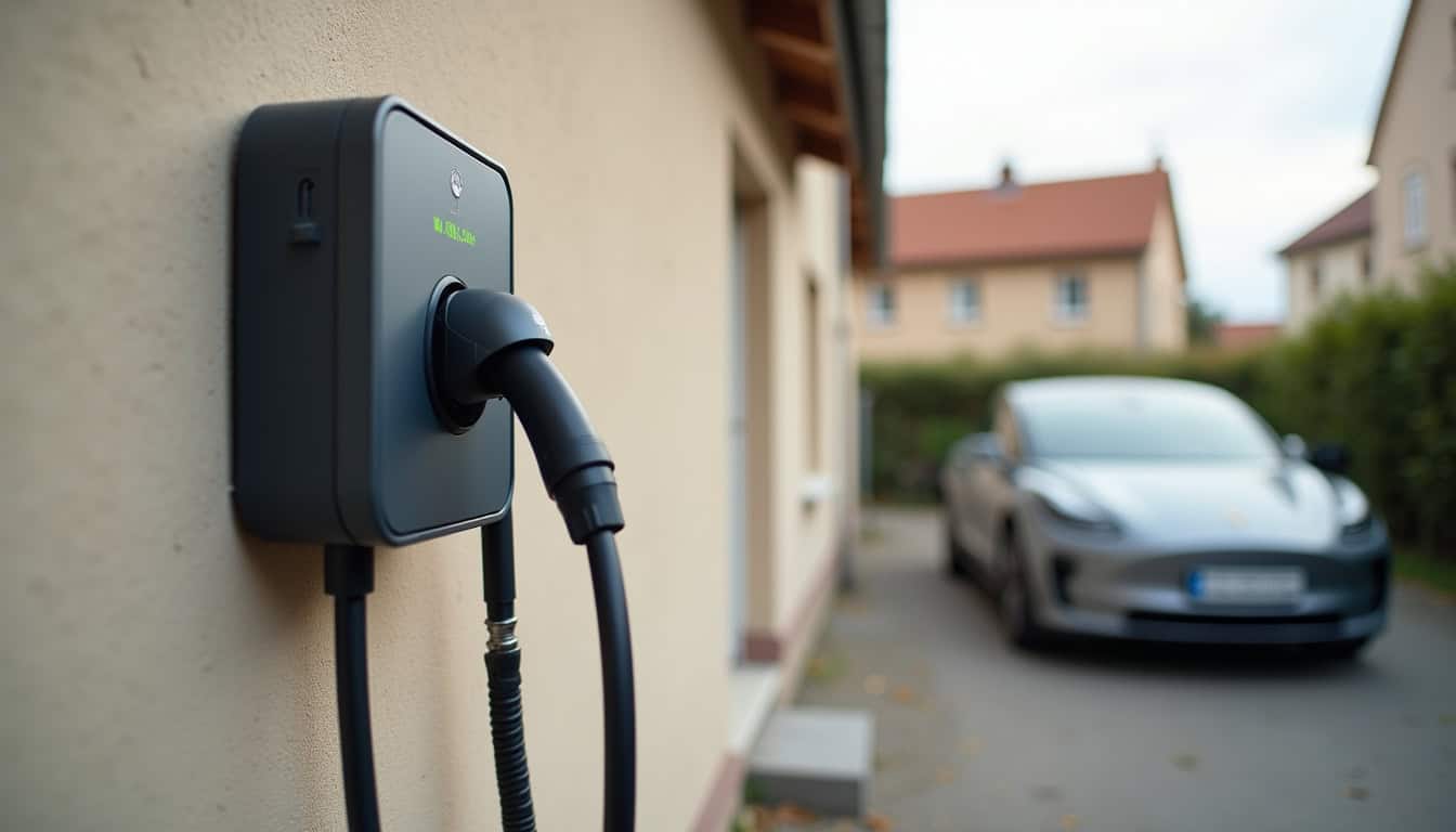 Installation d'une borne de recharge murale à l'extérieur d'une maison à Aigueperse