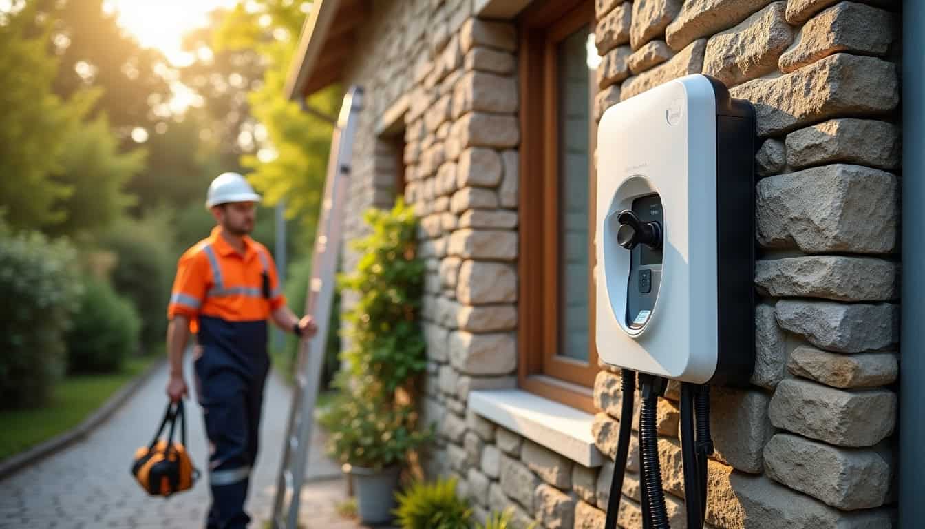 Installation d'une borne de recharge murale à l'extérieur d'une maison à Saint-Sauveur-en-Rue