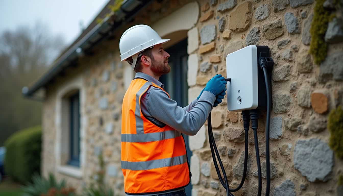 Installation d'une borne de recharge murale à Rostrenen, vue d'angle sur la pose par un technicien IRVE