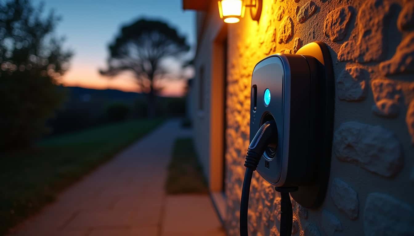 Installation d'une borne de recharge murale à Saint-Laurent-Médoc en soirée
