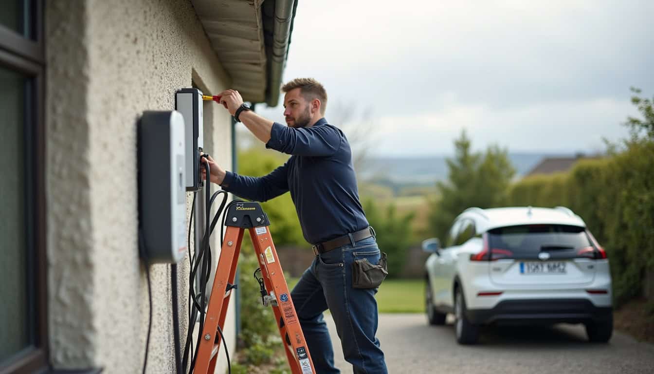 Installation d'une borne de recharge murale à Saint-Thurien, vue d'un technicien en train de fixer l'équipement près d'un véhicule électrique