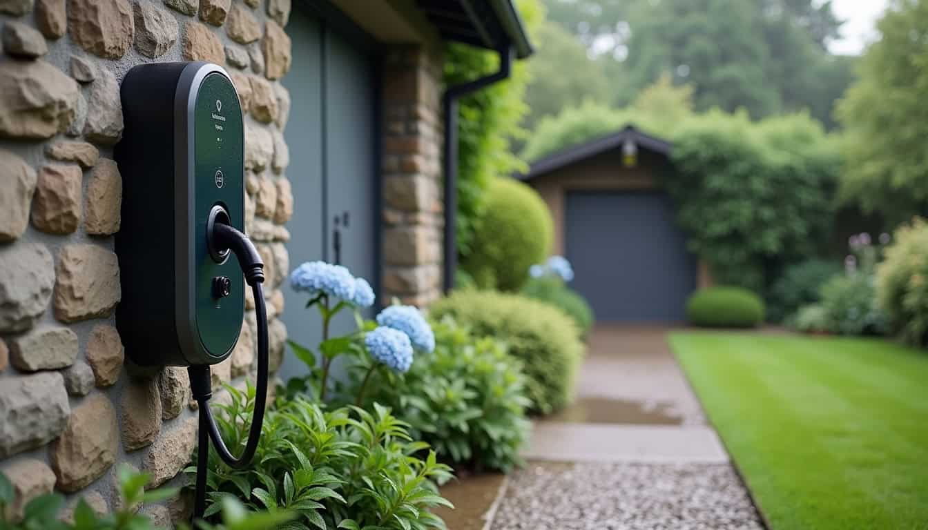 Installation d'une borne de recharge murale dans un jardin à Plouider, en extérieur, proche du garage