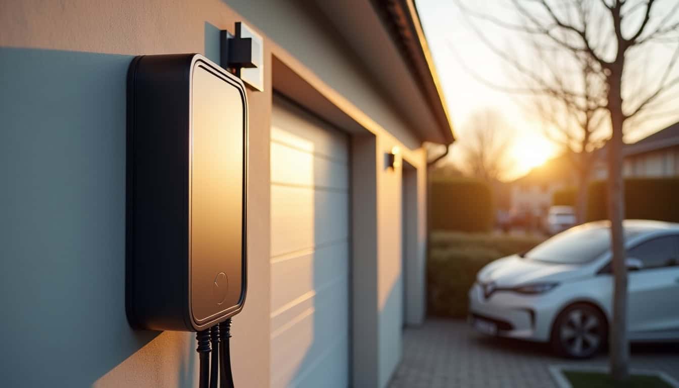 Installation d'une borne de recharge murale devant un garage à Thésée