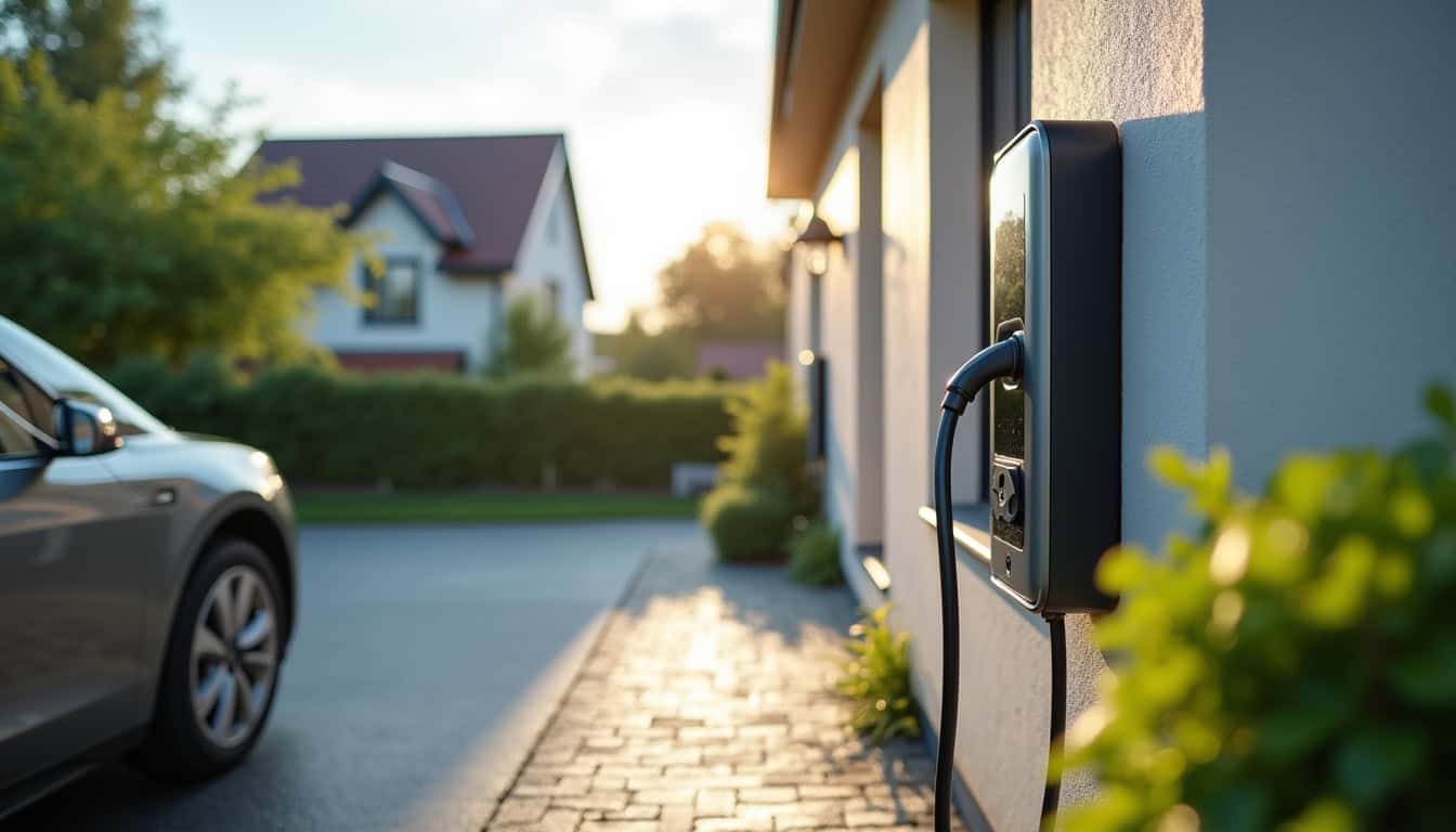 Installation d'une borne de recharge murale devant un pavillon à Obersaasheim, vue de jour avec voiture électrique branchée