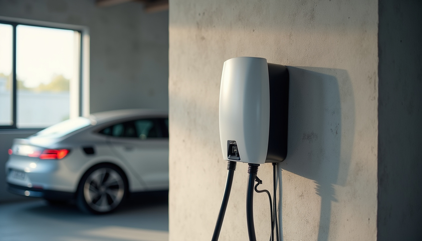 Installation d'une borne de recharge murale fixée au mur d'un garage, câble déroulé vers un véhicule électrique