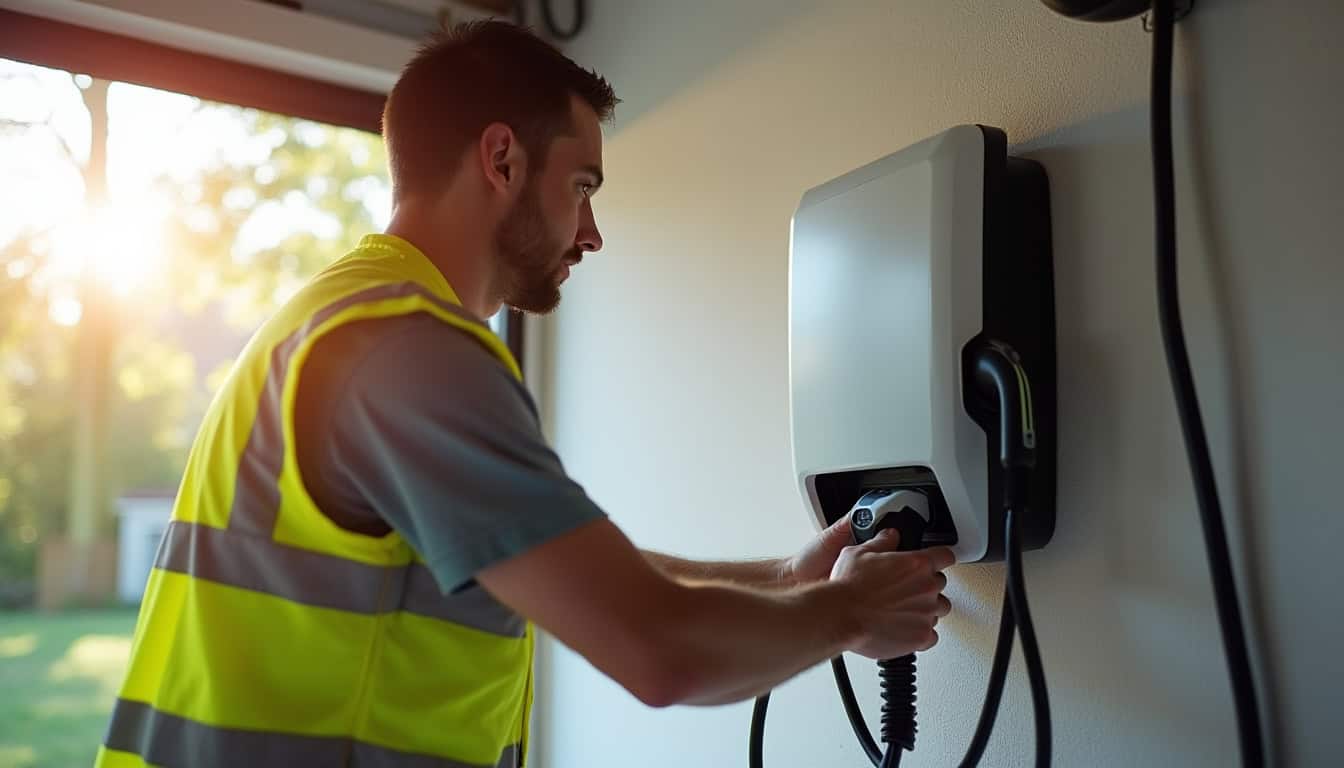 Installation d'une borne de recharge murale par un professionnel dans un garage à Monflanquin