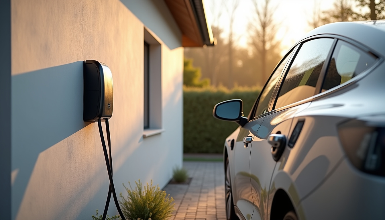 Installation d'une borne de recharge murale sur le mur extérieur d'une maison à Palluau, avec câble raccordé à une voiture électrique en stationnement