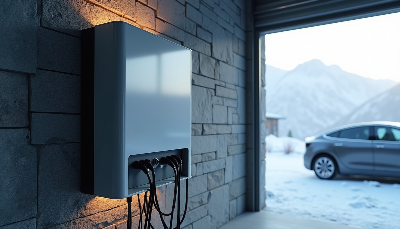 Installation d'une borne de recharge murale (wallbox) à l'intérieur d'un garage en montagne, montrant les câbles et le boîtier électrique