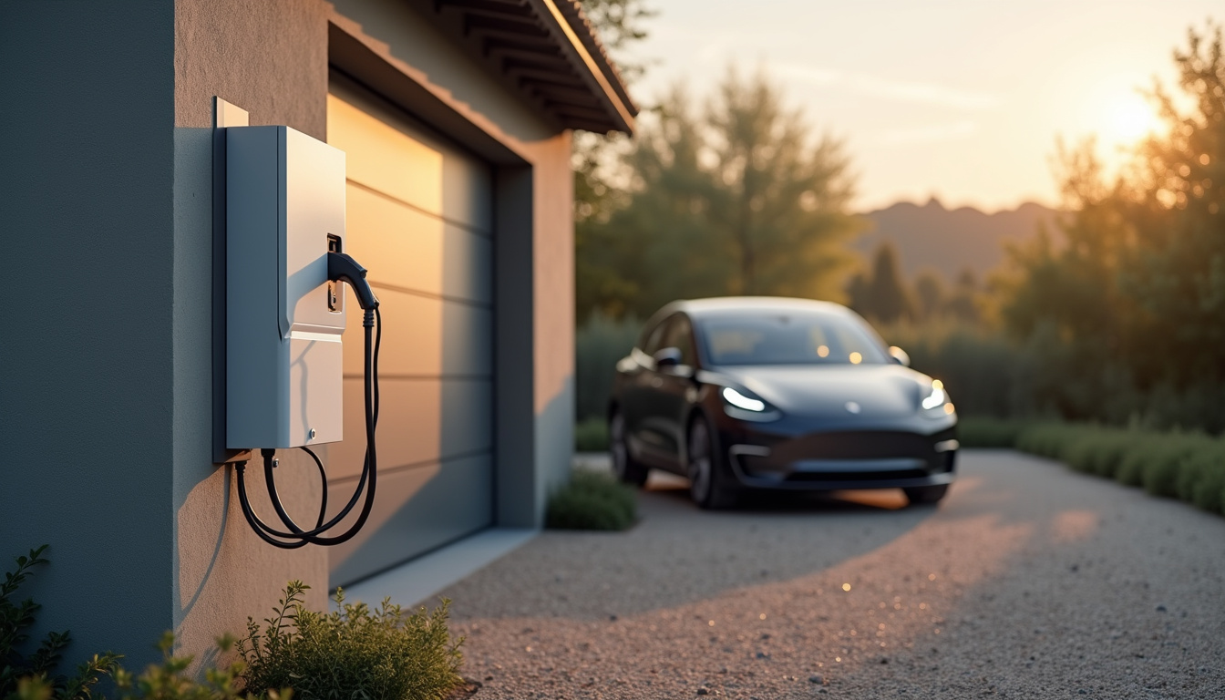 Installation d'une borne de recharge pour véhicule électrique à Beaucé, vue en extérieur près d'un garage