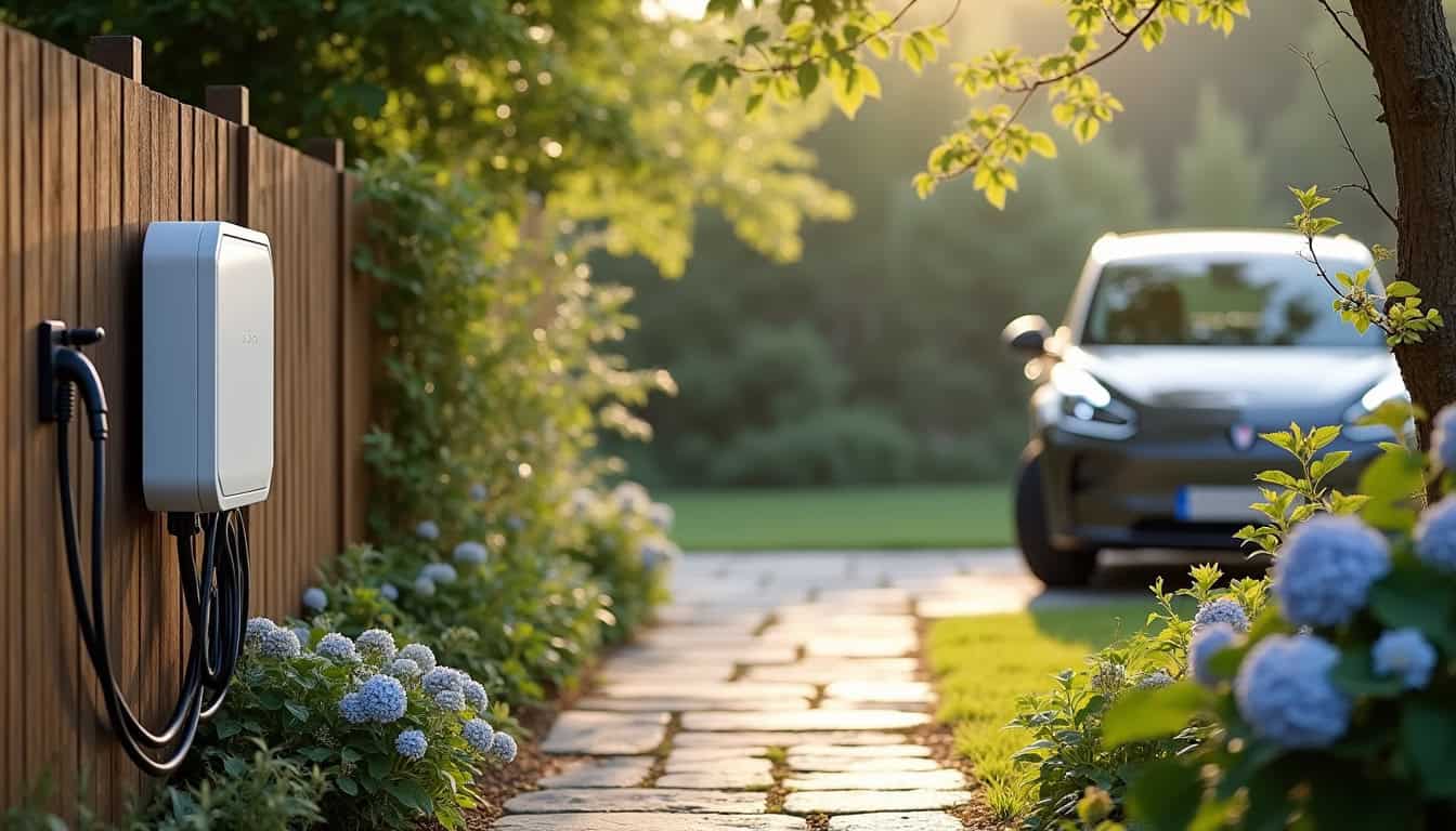 Installation d'une borne de recharge pour véhicule électrique dans un jardin résidentiel à Saint-Beauzire