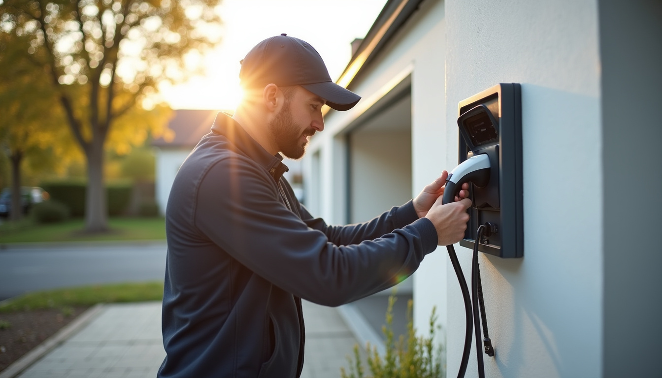 Installation d'une borne de recharge pour voiture électrique à Boissy-le-Cutté, vue d'un technicien en train de raccorder une wallbox