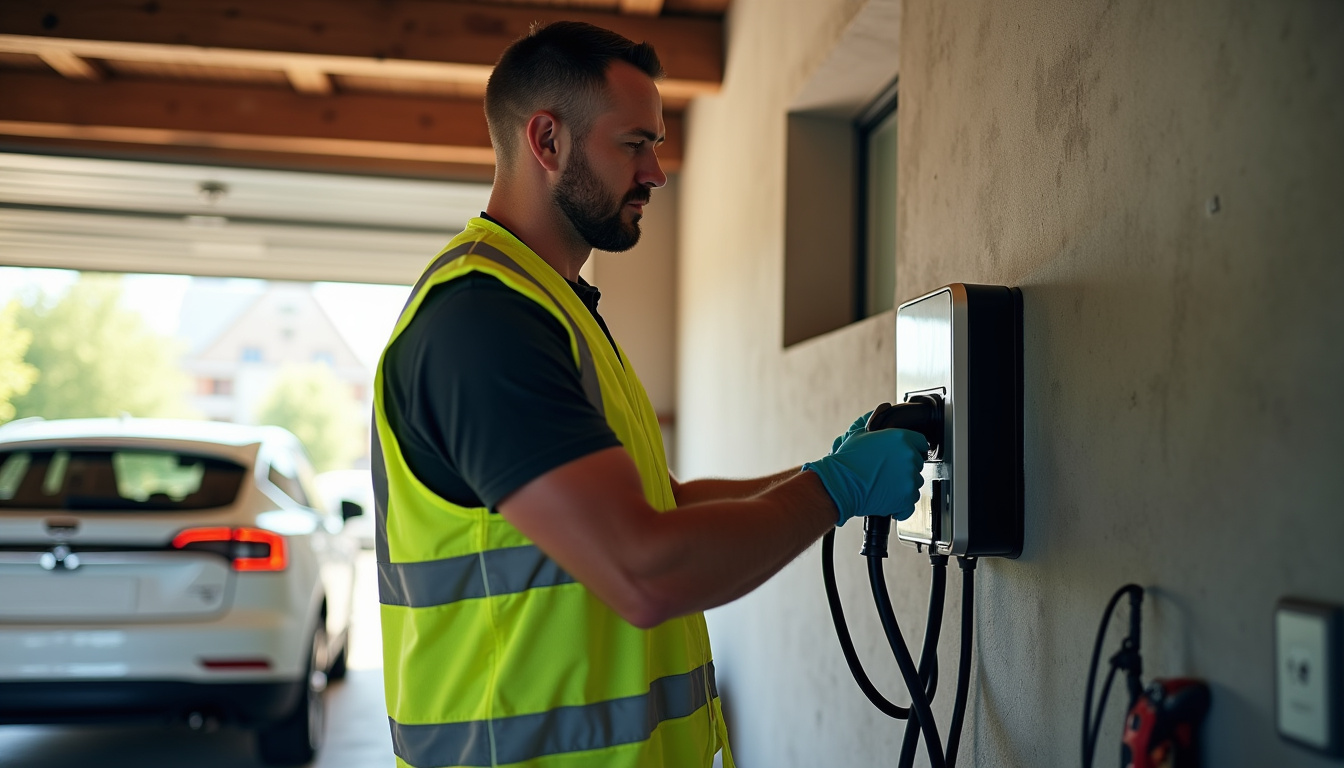 Installation d'une borne de recharge pour voiture électrique à Marsillargues, vue d'un technicien en train de poser l'équipement dans un garage