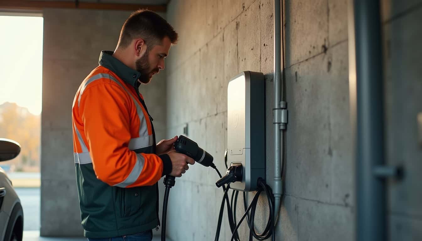 Installation d'une borne de recharge pour voiture électrique à Ychoux, vue d'un technicien en train de fixer un boîtier mural dans un garage