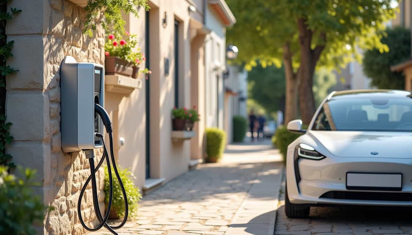 Installation d'une borne de recharge pour voiture électrique dans une rue résidentielle de Blonville-sur-Mer