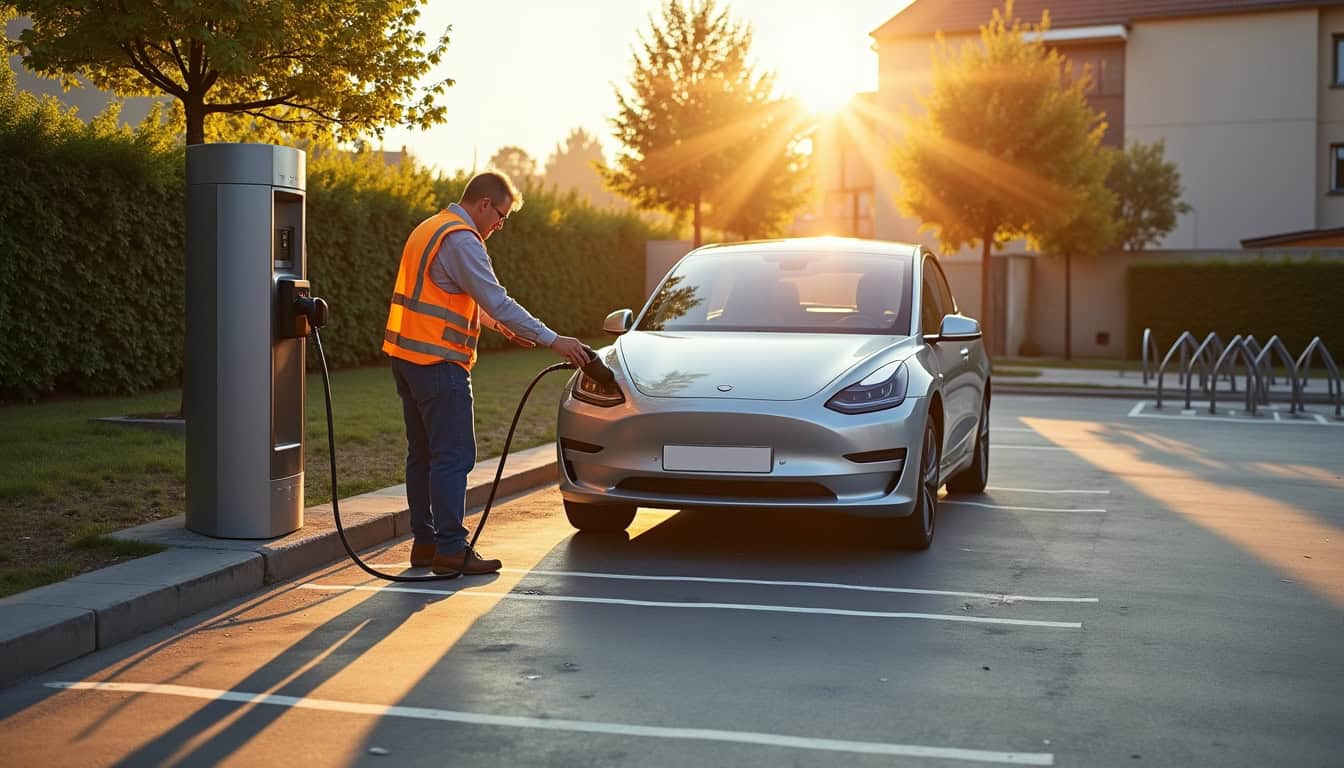 Installation d'une borne de recharge pour voiture électrique sur une place de stationnement à Jouy-le-Châtel