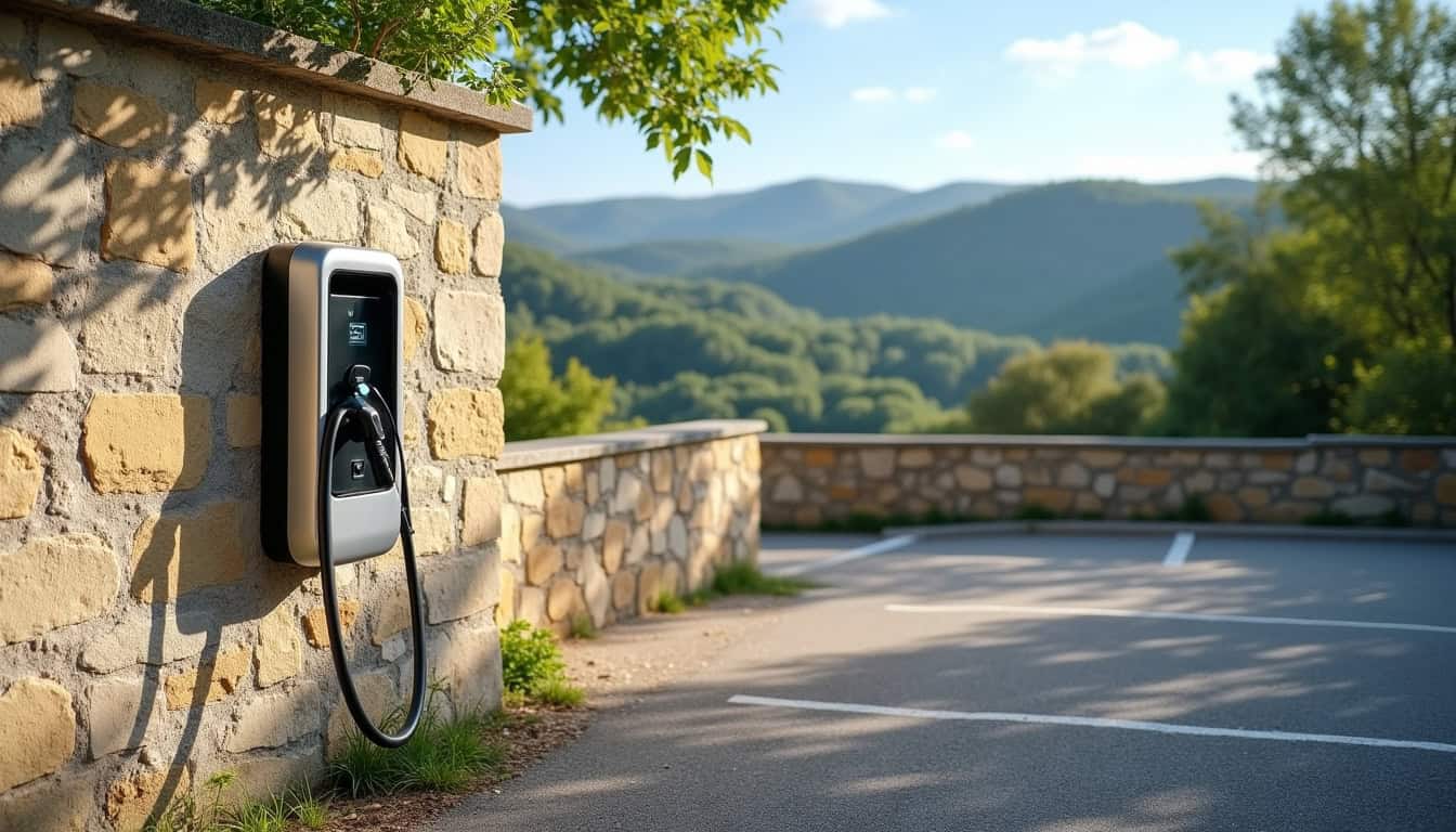 Installation d'une borne de recharge sur un parking privé à Peyre-en-Aubrac, en extérieur