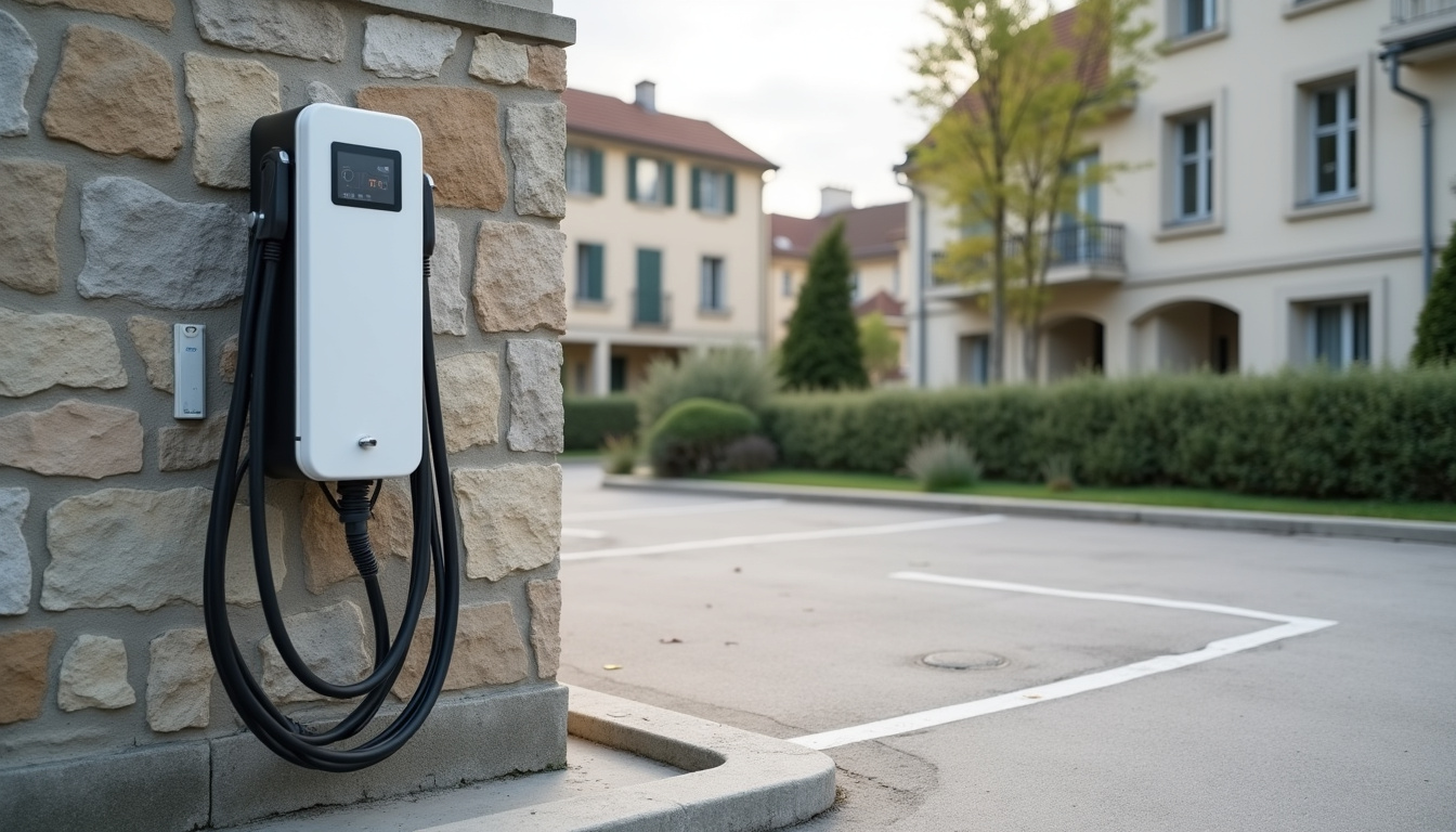 Installation d'une borne de recharge sur une place de parking en copropriété à Palluau, avec câble en gaine protégée