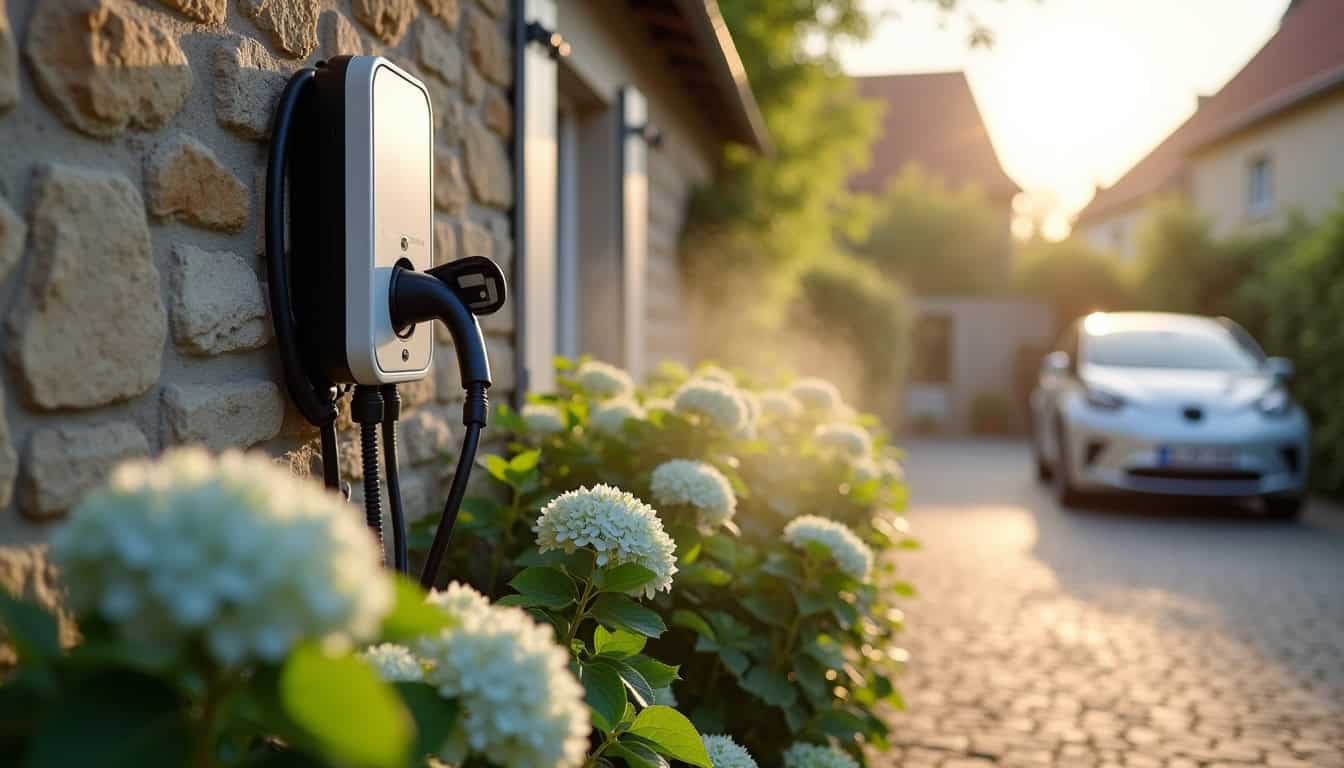 Installation d'une borne de recharge wallbox dans un jardin résidentiel à Sauxillanges