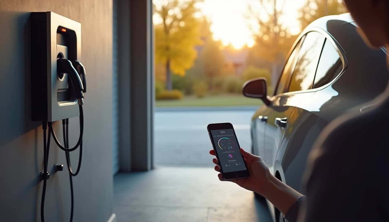 Installation d'une borne électrique connectée dans un garage à Saint-Barnabé avec smartphone en cours d'utilisation