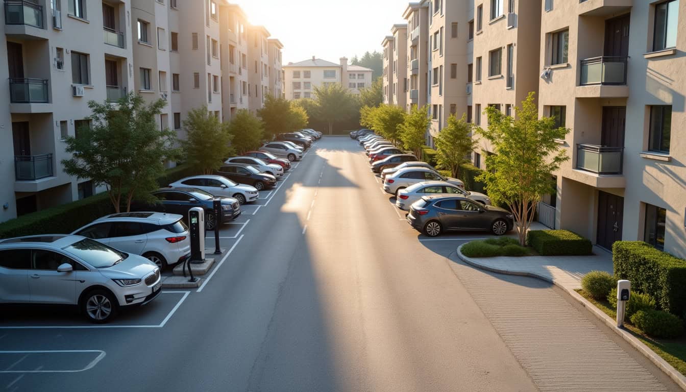 Installation d'une borne électrique dans un parking de copropriété à Acy, vue aérienne du stationnement