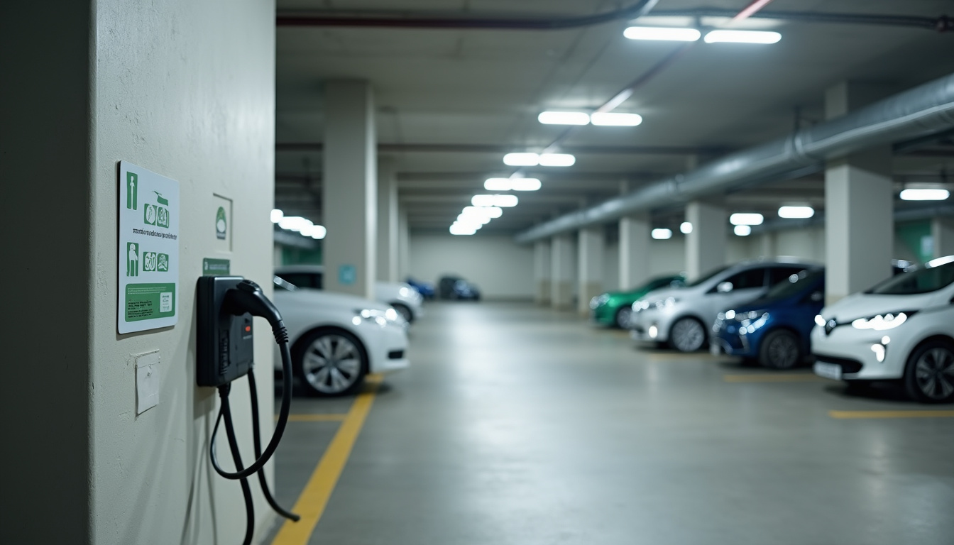 Installation d'une borne électrique dans un parking de copropriété à Urmatt avec câble protégé et affichage des règles d'utilisation