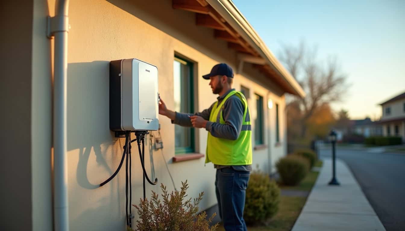 Installation d'une borne électrique murale à Acy, vue extérieure d'une maison avec technicien en intervention