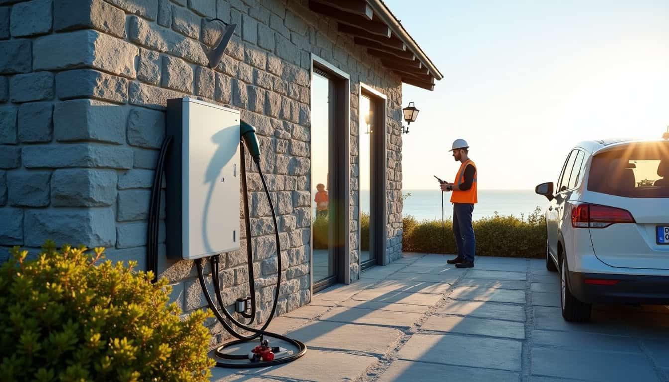 Installation d'une borne électrique murale à l'extérieur d'une maison à Saint-Pabu, en cours de raccordement électrique par un professionnel