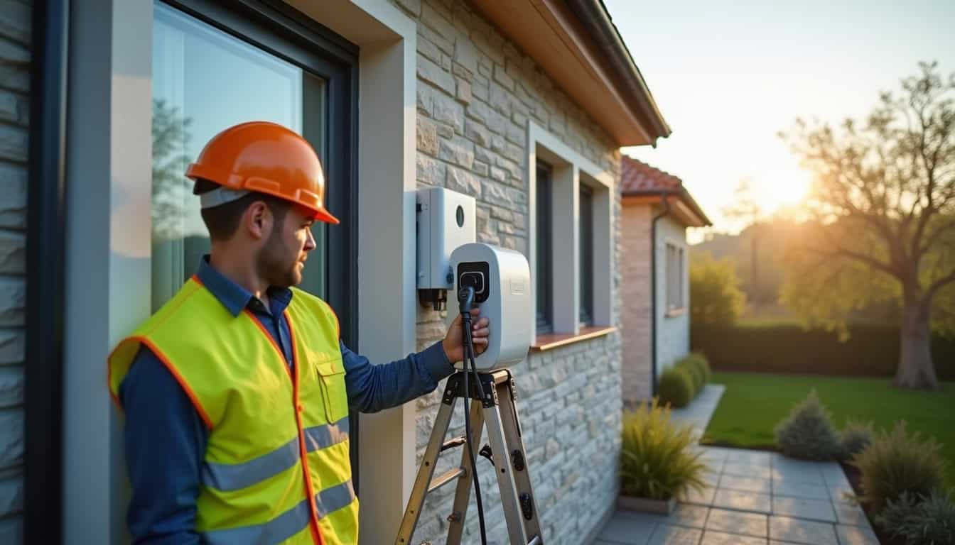 Installation d'une borne électrique murale à Trizay, vue d'extérieur avec électricien en intervention