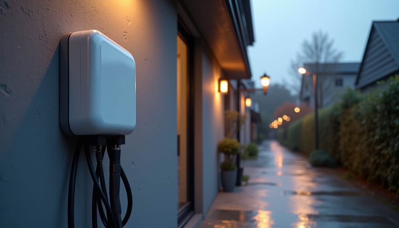 Installation d'une borne électrique murale en extérieur, fixée sur un mur de façade avec câblage protégé