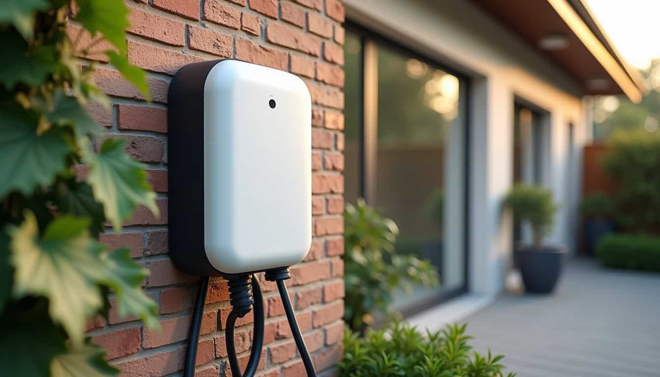 Installation d'une borne électrique murale en extérieur, vue de l'équipement fixé au mur avec câble de connexion