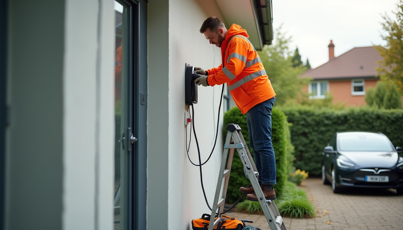 Installation d'une borne électrique murale par un professionnel en extérieur