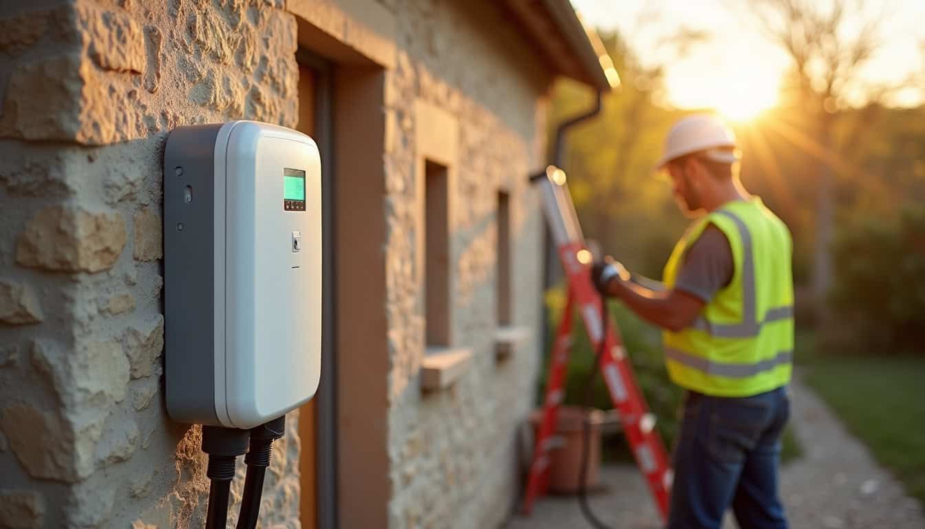 Installation d'une borne électrique murale par un professionnel qualifié sur un mur extérieur