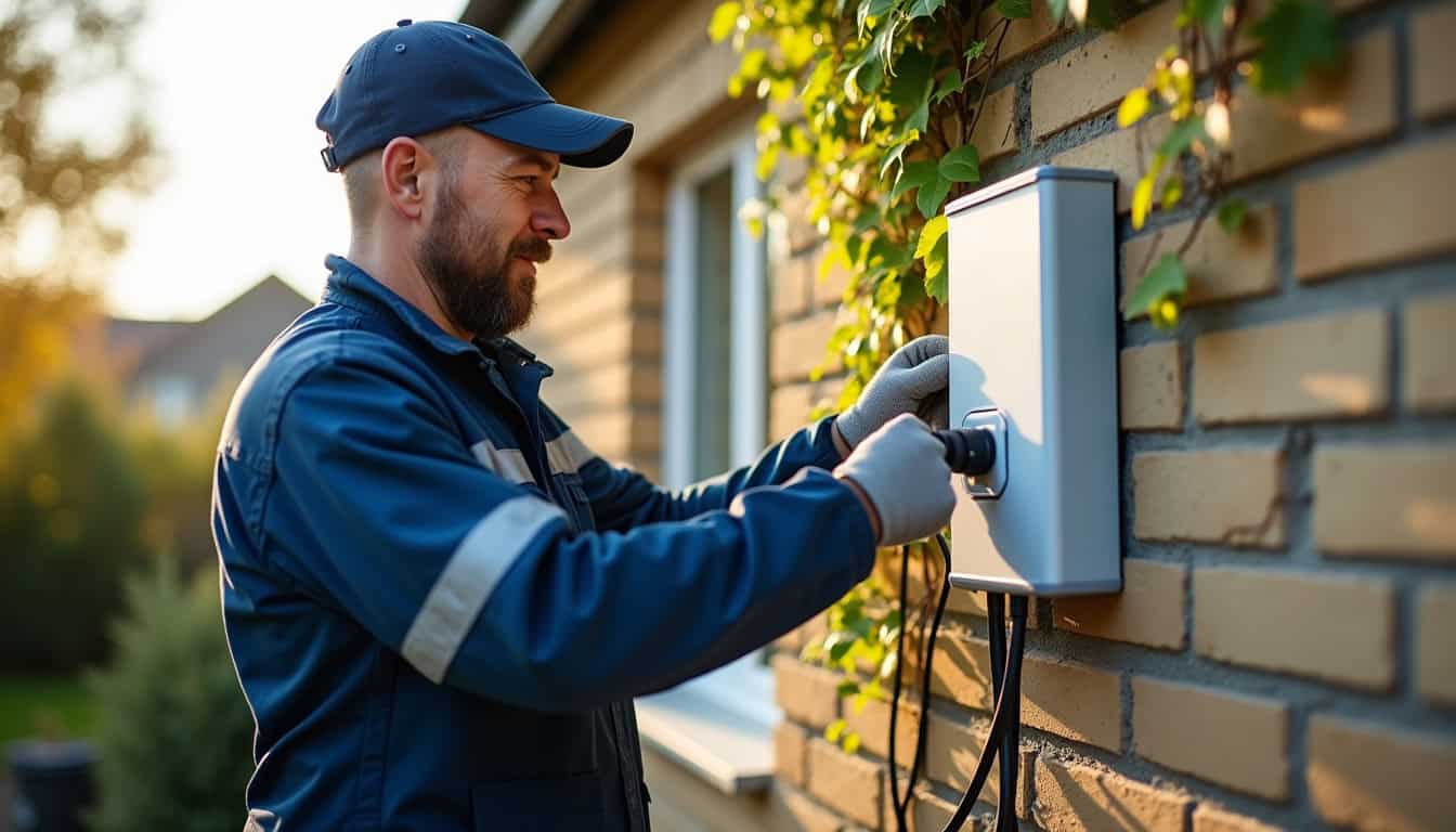 Installation d'une borne murale dans une propriété à Tesson, vue de l'électricien en train de fixer l'appareil au mur extérieur