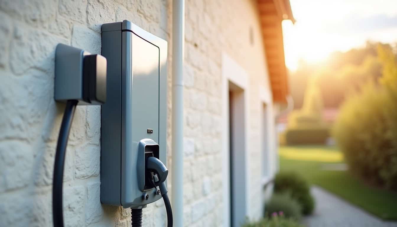 Installation d'une borne murale sur le mur extérieur d'une maison à Boeil-Bezing, montrant le câblage sécurisé et le coffret de protection