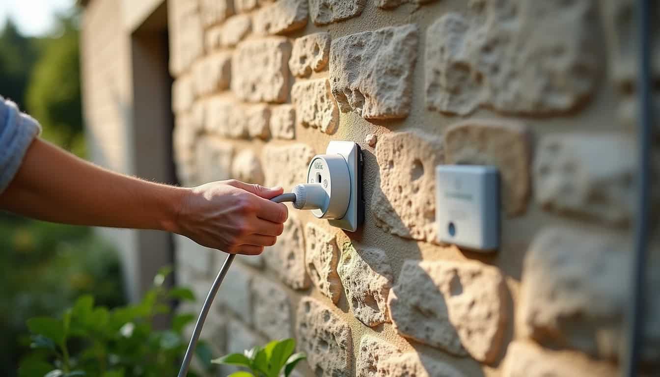 Installation d'une prise renforcée Green'up sur un mur extérieur à Theillay