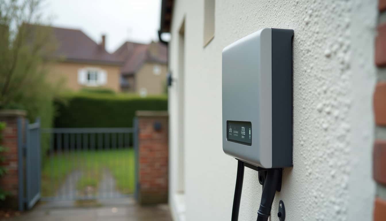 Installation d'une wallbox 7,4 kW sur un mur extérieur à Ahuillé, avec câble raccordé au tableau électrique