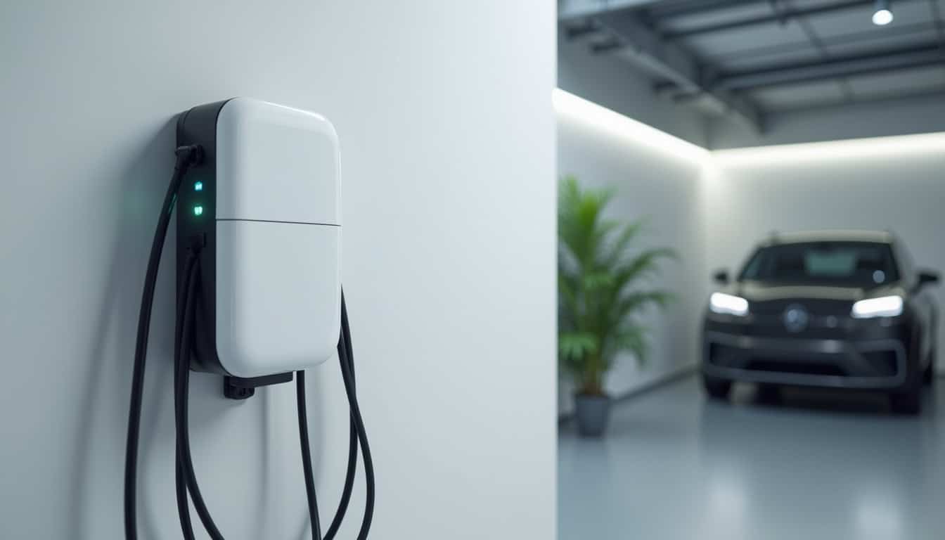 Installation d'une Wallbox à l'intérieur d'un garage à Louplande, mur blanc, câble bien rangé