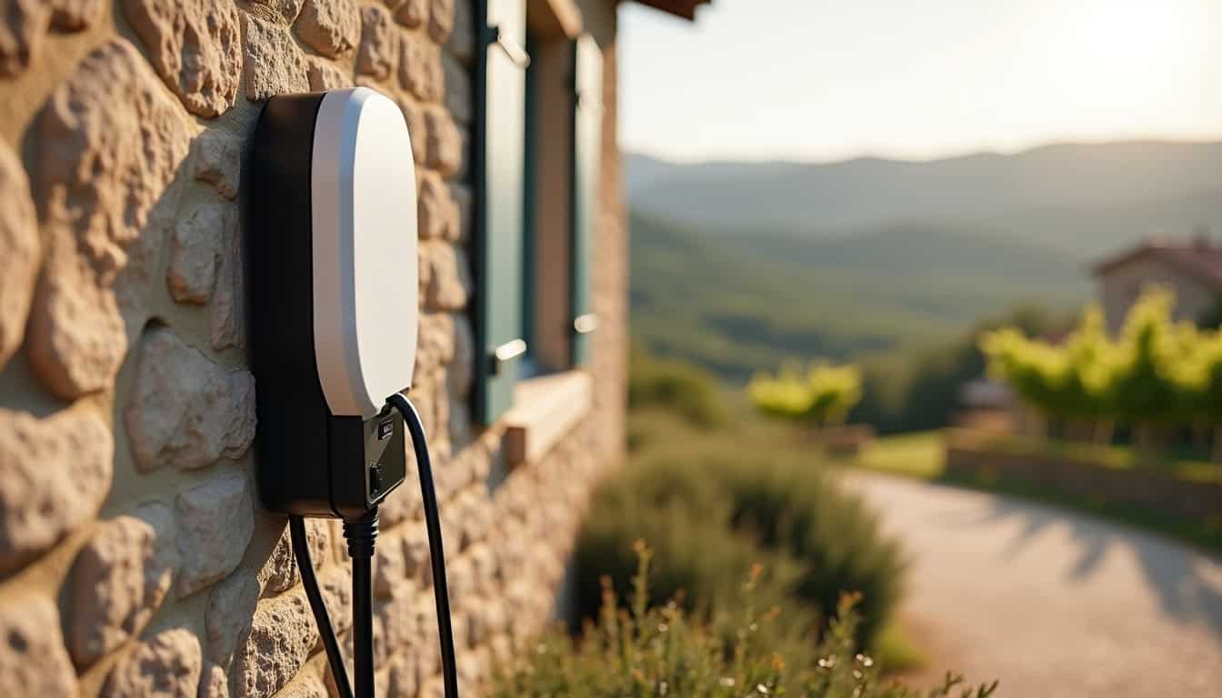 Installation d'une wallbox pour véhicule électrique à Bédoin, vue rapprochée sur l'équipement fixé au mur