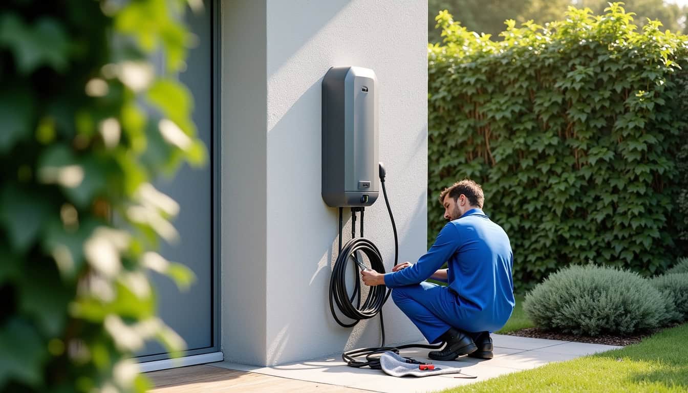 Installation technique d'une borne de recharge murale à l'extérieur d'une maison