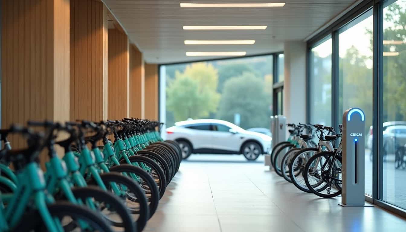 Intérieur d'une station REV à Locquirec montrant des vélos électriques en libre-service et une borne de recharge pour voiture