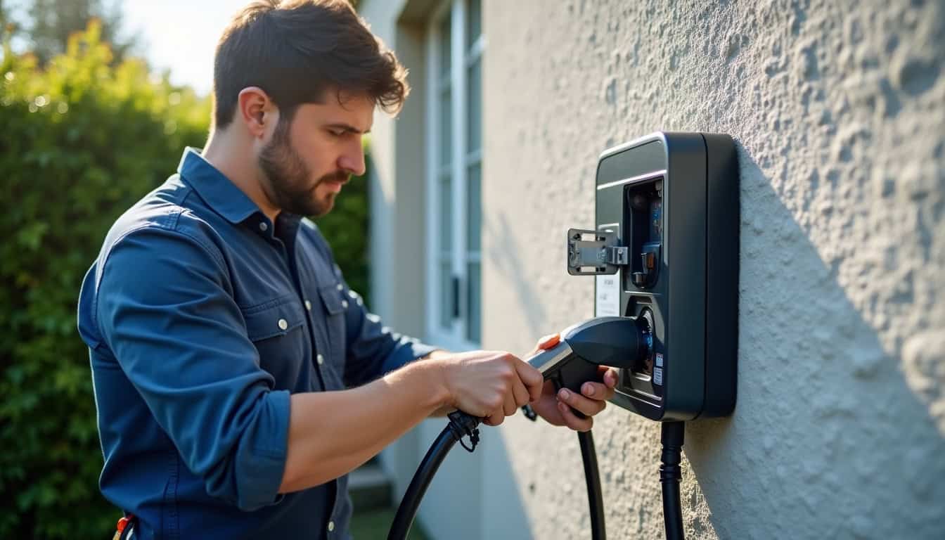 Intervention d'un électricien certifié IRVE lors de l'installation d'une borne de recharge à Saint-Paterne-Racan