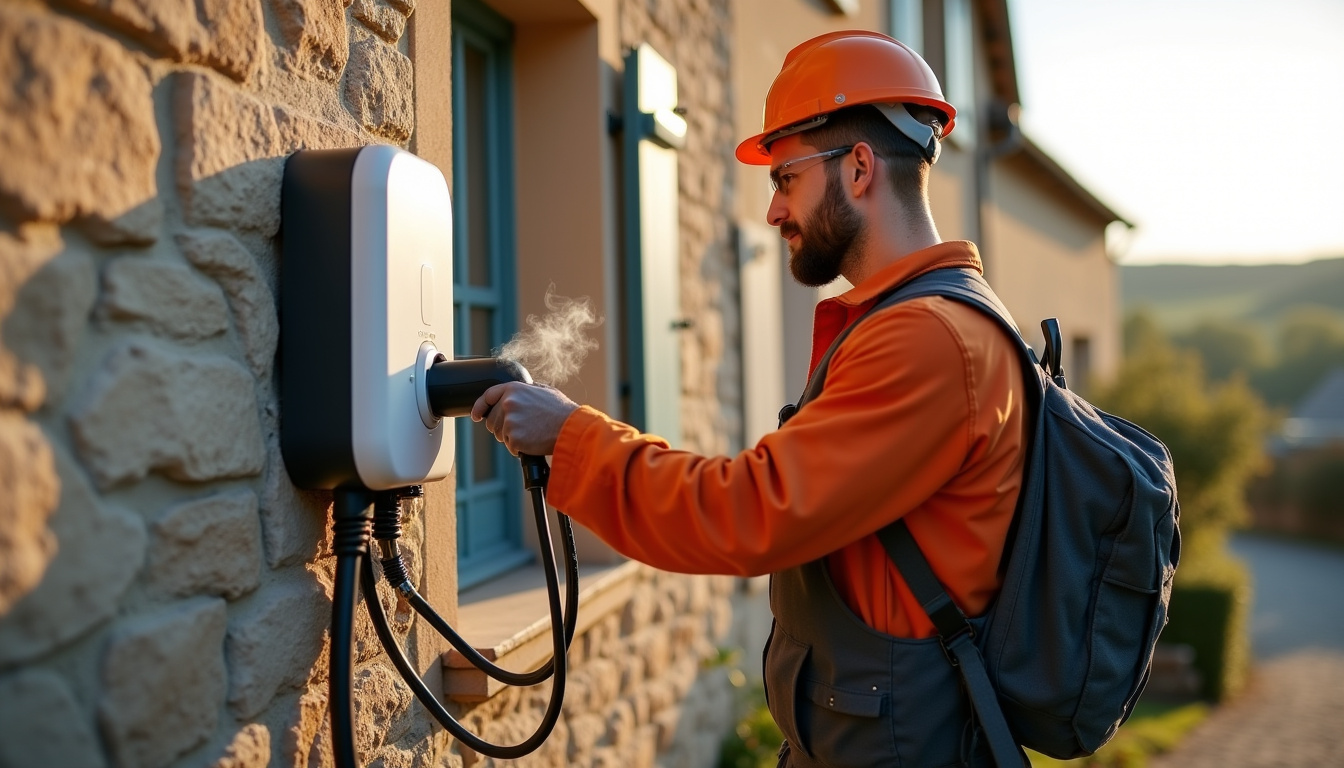 Intervention d'un électricien certifié IRVE lors de l'installation d'une borne de recharge à Sarlat-la-Canéda