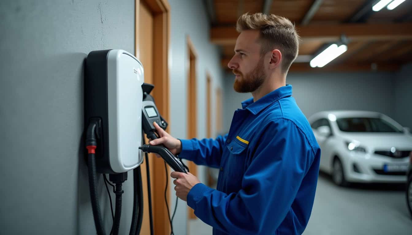 Intervention d’un électricien lors de l’installation d’une borne de recharge dans un garage