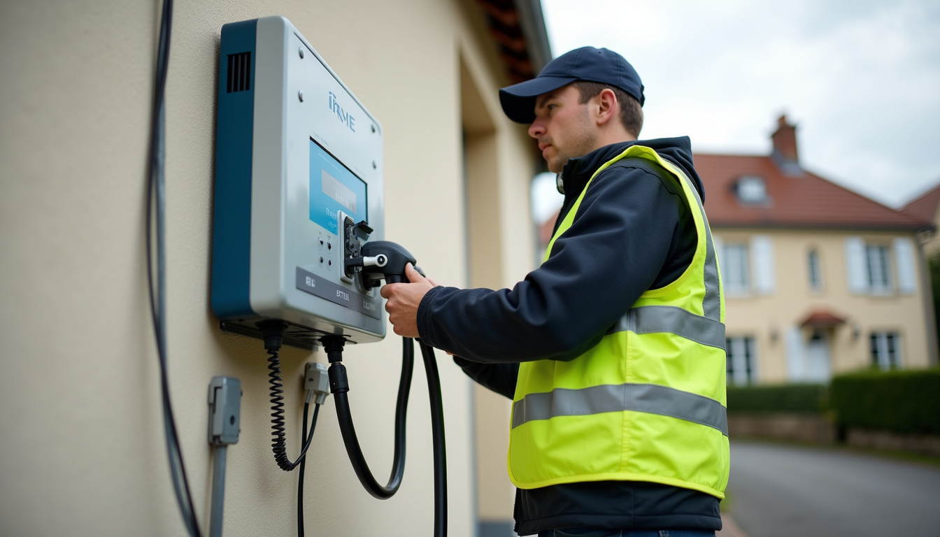 Intervention d’un technicien certifié IRVE lors de l’installation d’une borne de recharge pour véhicule électrique à Saint-Léger-sous-cholet