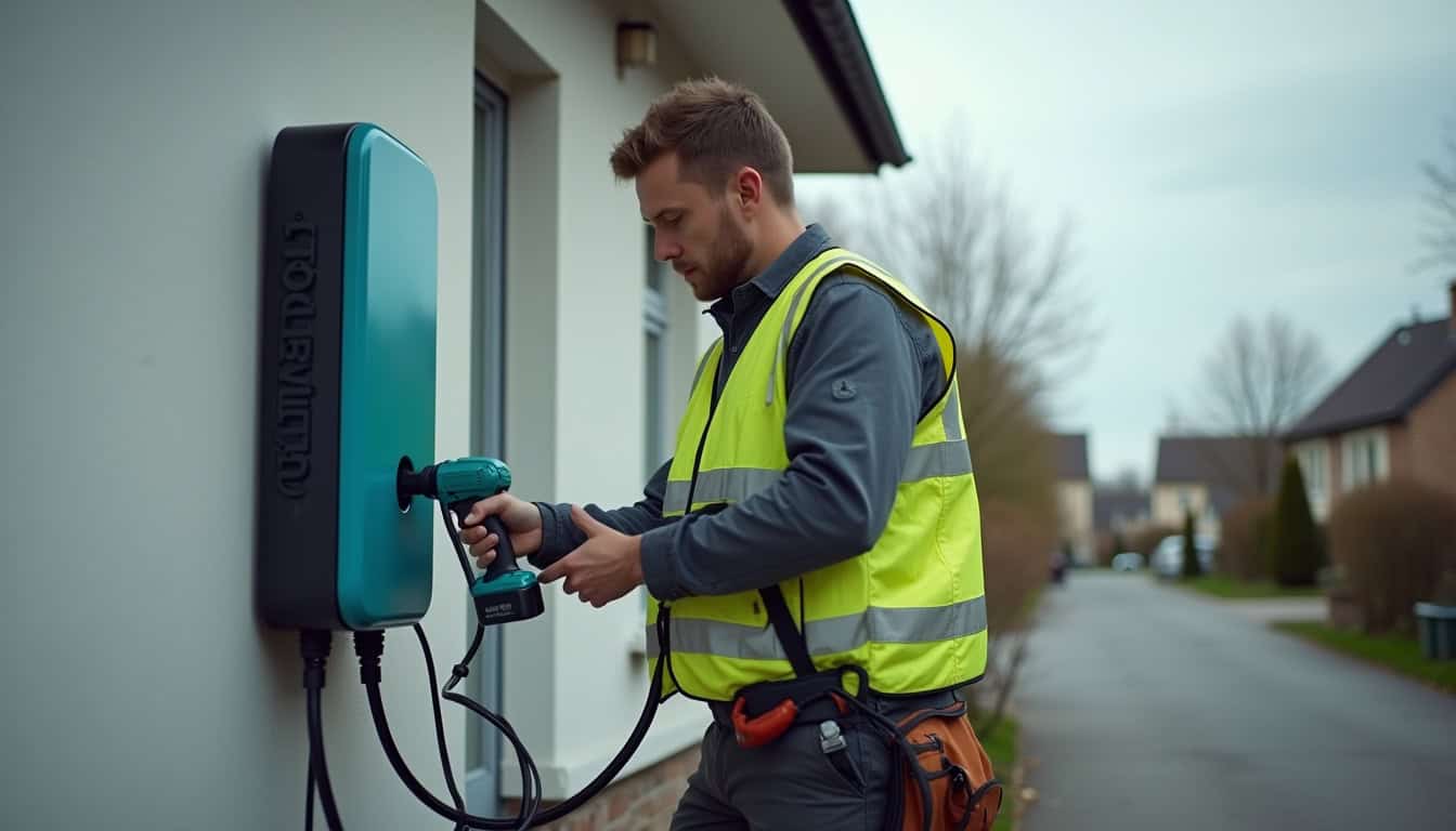 Intervention d'un technicien en train de fixer une borne de recharge sur un mur extérieur à Brussieu