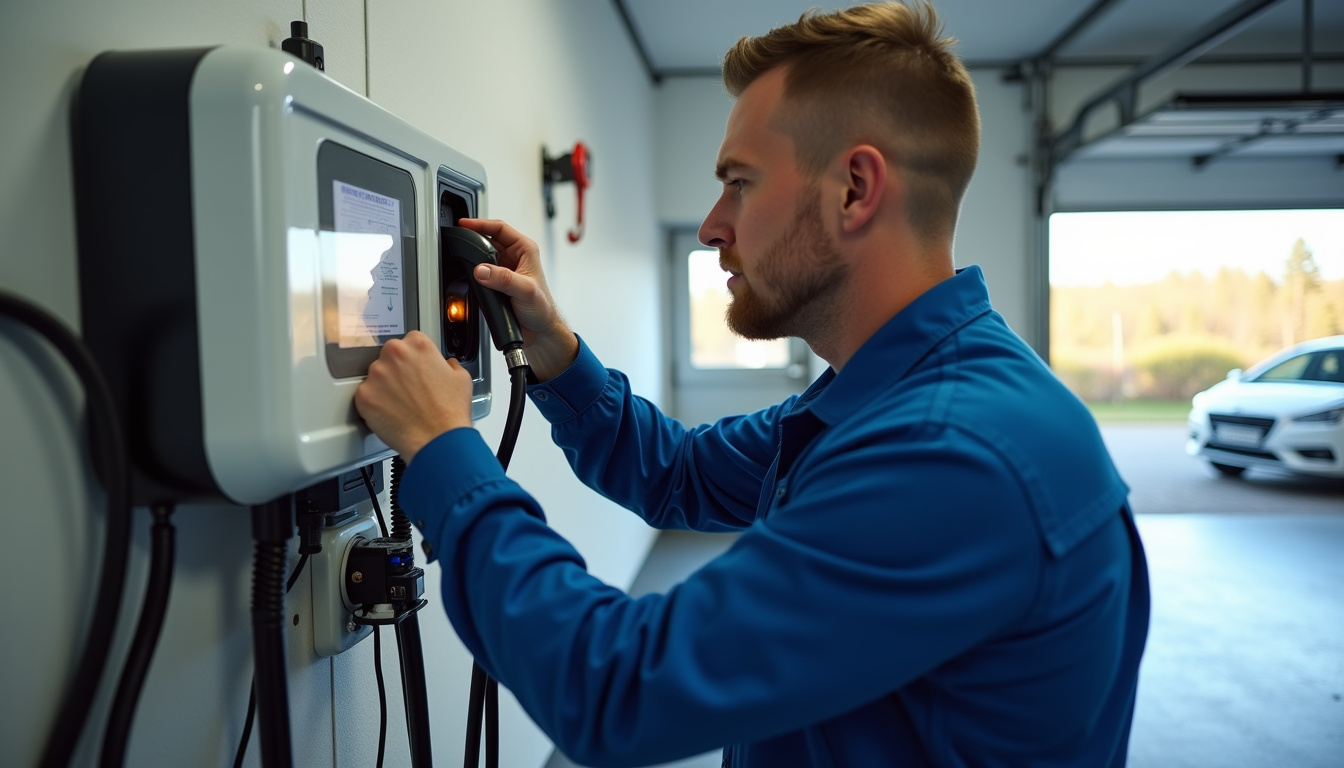 Intervention d'un technicien en train d'installer une borne de recharge électrique dans un garage à Matzenheim