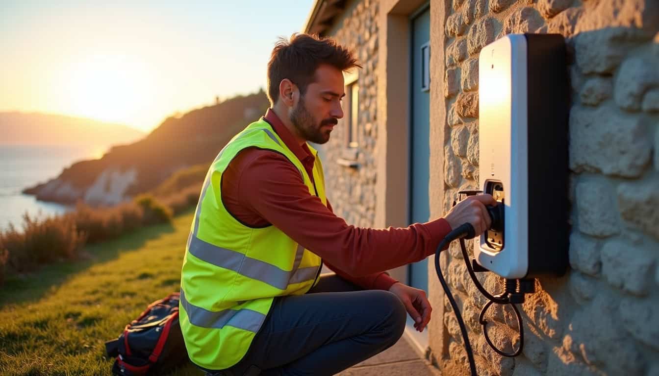 Intervention d'un technicien IRVE lors de l'installation d'une borne de recharge à Saint-Gildas-de-Rhuys