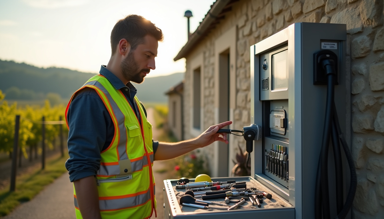 Maintenance d'une borne de recharge électrique par un technicien à Gevrey-Chambertin