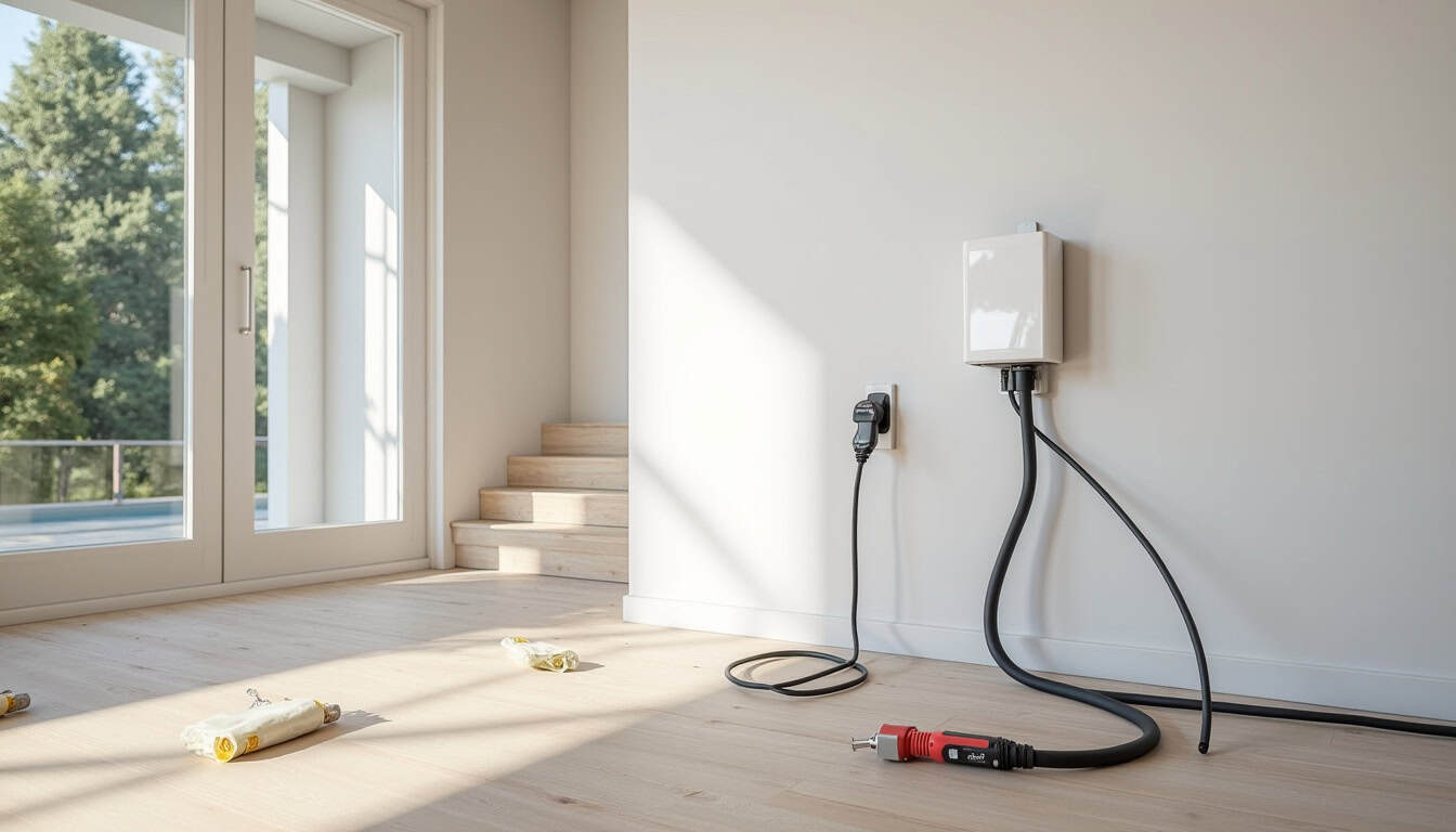Maison à Chérac avec câble de borne électrique en cours d'installation depuis le tableau électrique