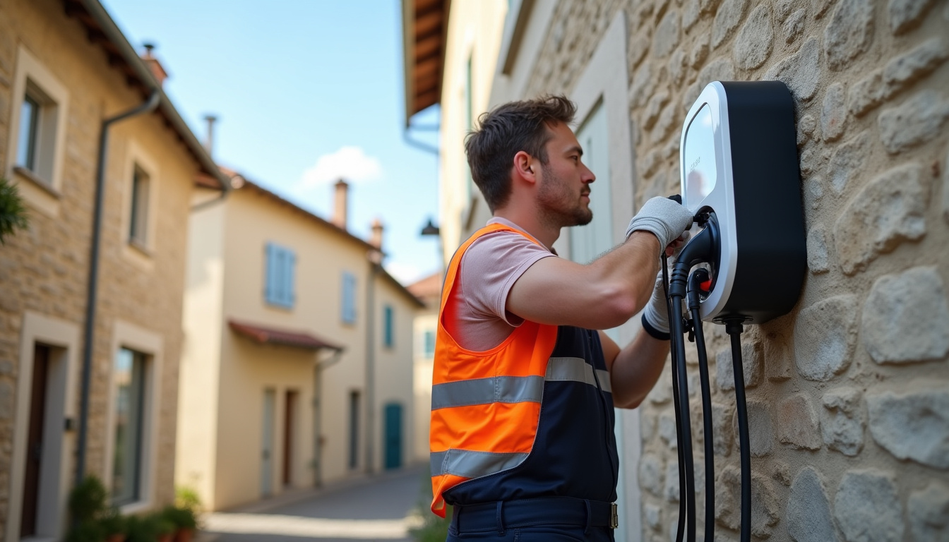 Montage d'une borne de recharge murale par un professionnel à Cambon